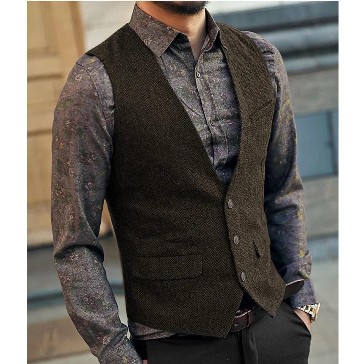 Slim Mens Vest Tweed Waistcoat Vest Vintage Herringbone V-neck Casual Wool Groomsmen Suits Vest For Wedding XS-5XL