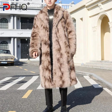 PFHQ Men's Imitation Fur Coat Long Knee Length Autumn Winter 2024 Turn-down Collar Contrast Color Male Tops Fashion 21Z7624