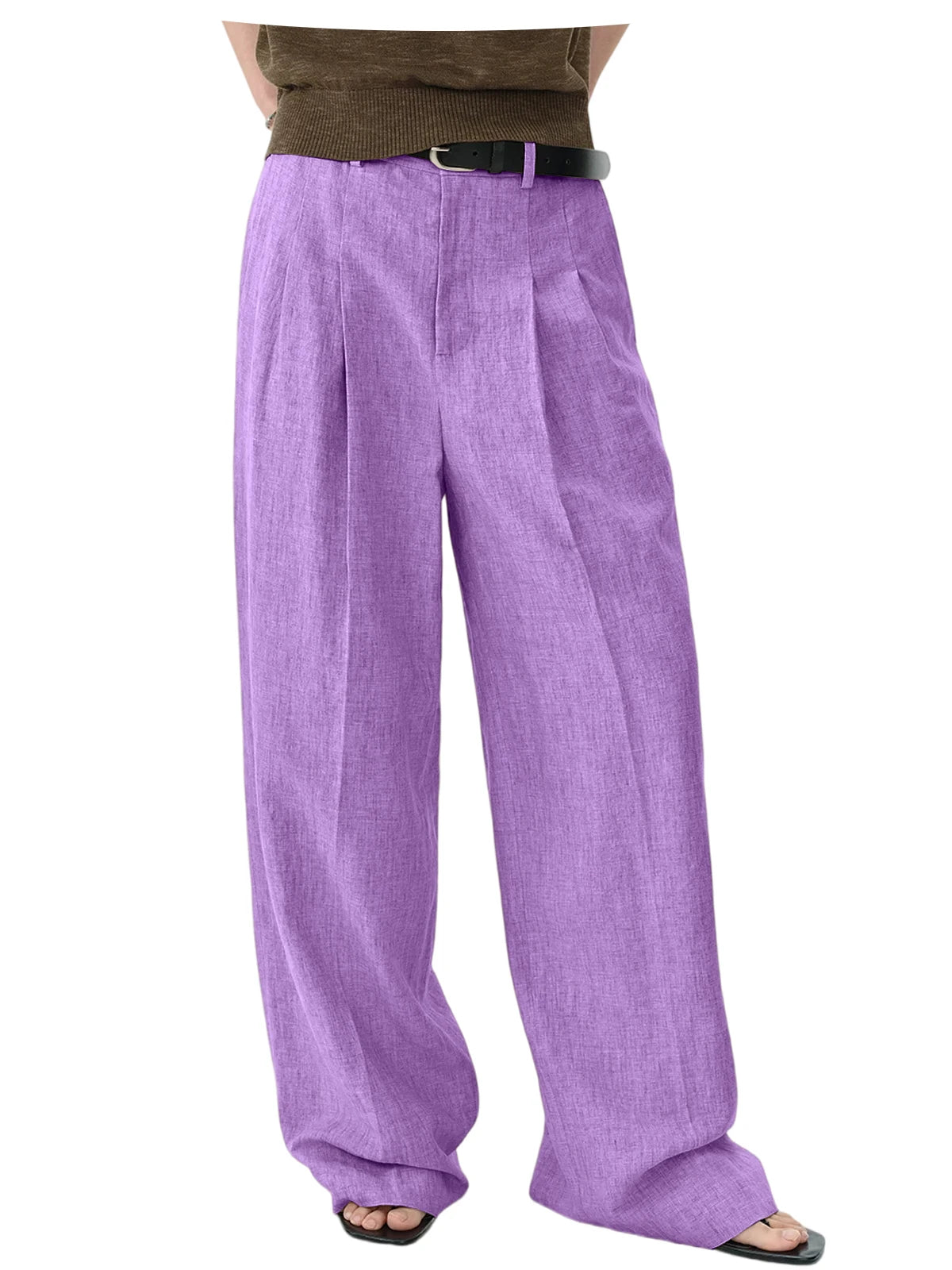 Men Linen Wide Leg Pants High Waist Pleated Casual Trousers Breathable Loose Straight Suit Pants Streetwear