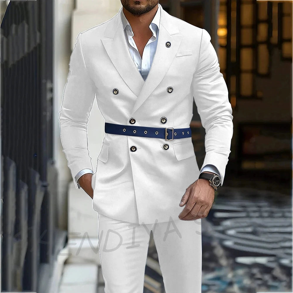 Navy Blue Men's Suit Classic Peak Lapel Blazer Double Breasted Formal Set Two Piece Business Casual Male Clothing Without Belt