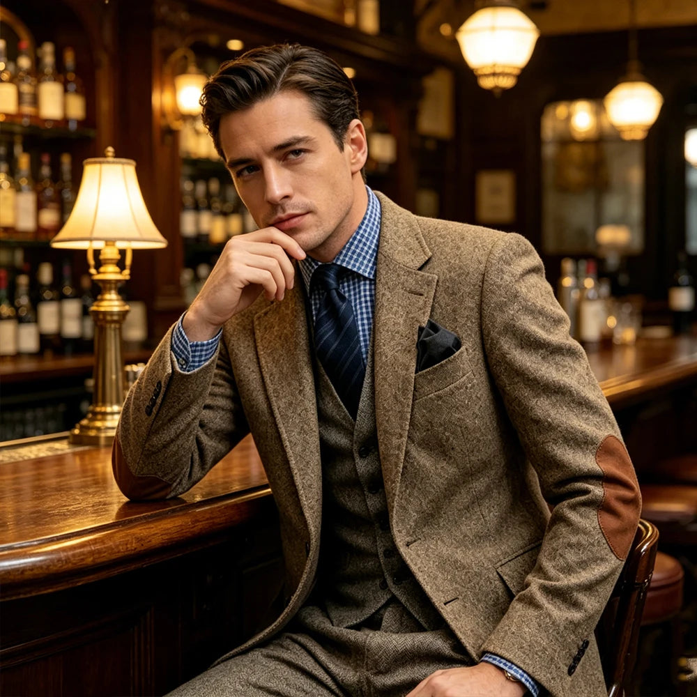 Men's Tweed Blazer Notched Lapel Wool Blend With Elbow Patches Casual Suit Jacket For Business Wedding Daily Wear Party