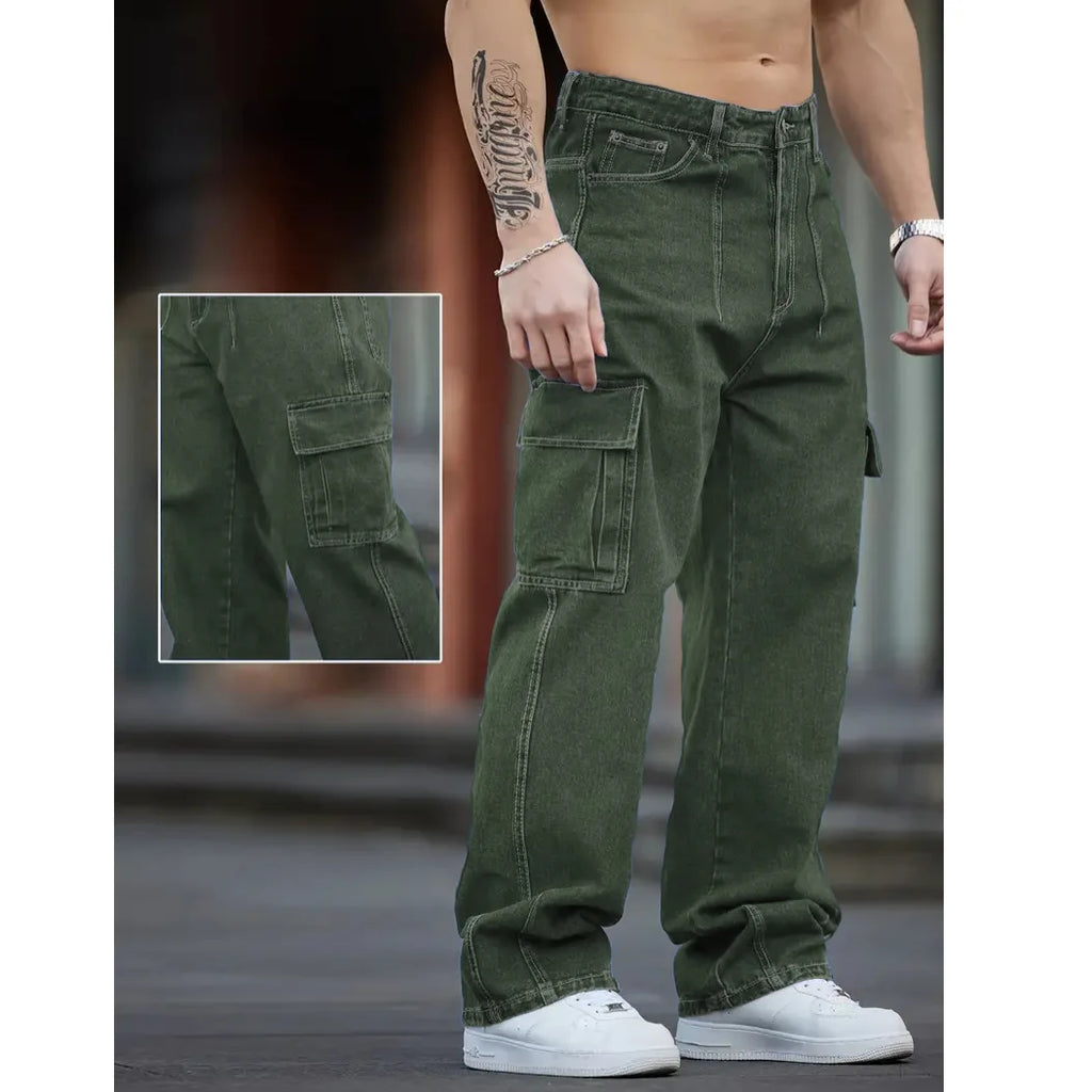 Men Multi Cargo Pocket Jeans Vintage Loose Wide Leg Straight Denim Pants Streetwear Hip Hop Workwear Trousers