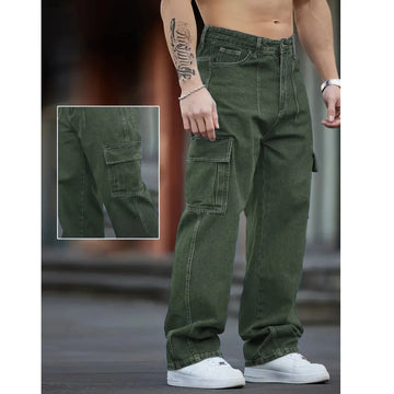 Men Multi Cargo Pocket Jeans Vintage Loose Wide Leg Straight Denim Pants Streetwear Hip Hop Workwear Trousers