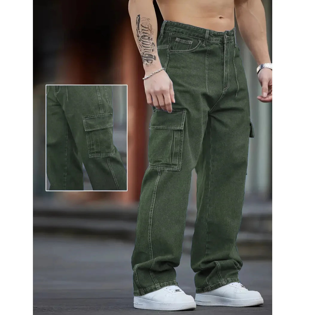 Men Multi Cargo Pocket Jeans Vintage Loose Wide Leg Straight Denim Pants Streetwear Hip Hop Workwear Trousers