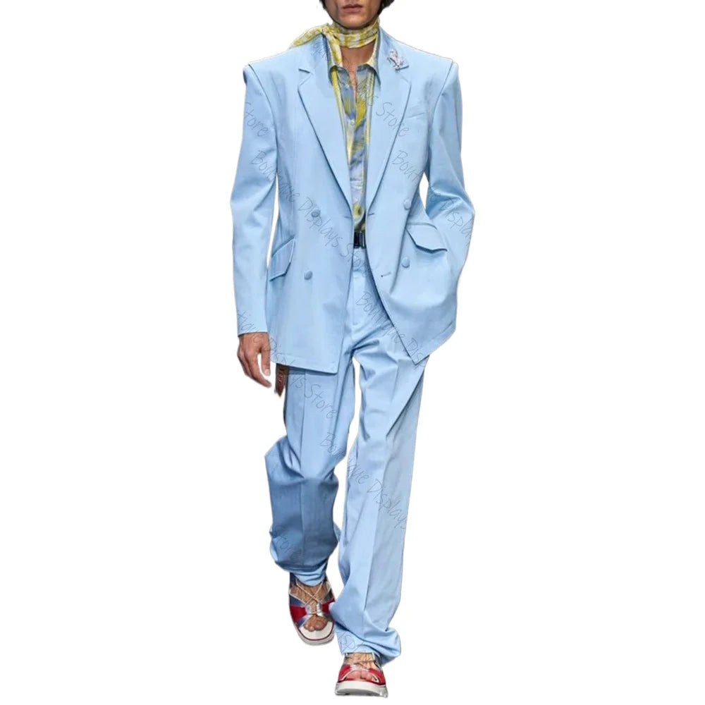 Sky Blue Double Breasted Straight Men Suit Two Pieces(Jacket+Pants) Lapel Outfits Chic Casual Party Prom Wedding Set