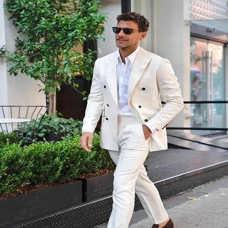 2 Piece  Elegant Beige Casual Men Suits Double-breasted Slim Fit Blazer Hombre High Quality CustomSet Jacket Pant Costume Homme