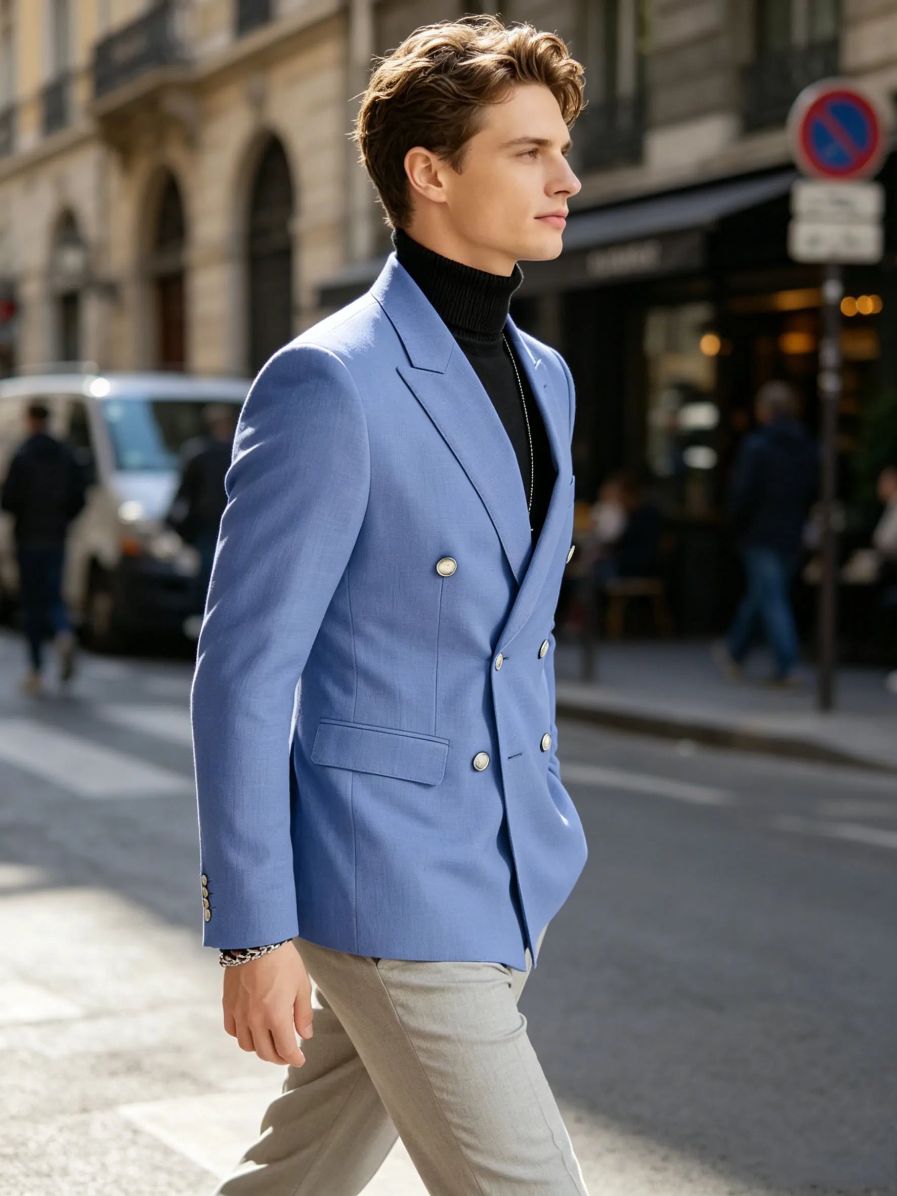 Men's Linen Blazer Double Breasted Peak Lapel Slim Fit Lightweight Breathable Cool Fashion Formal Jacket For Summer Business