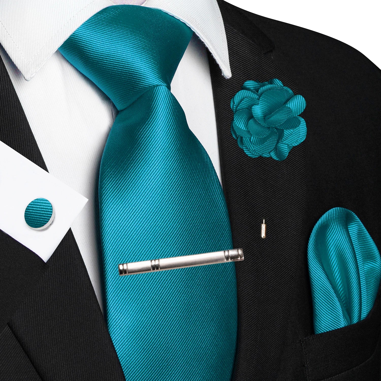 JEMYGINS Blue Solid Wedding Tie For Men Handky Cufflink Brooch Gift Mens Elegant Necktie Fashion Business Party Dropshiping