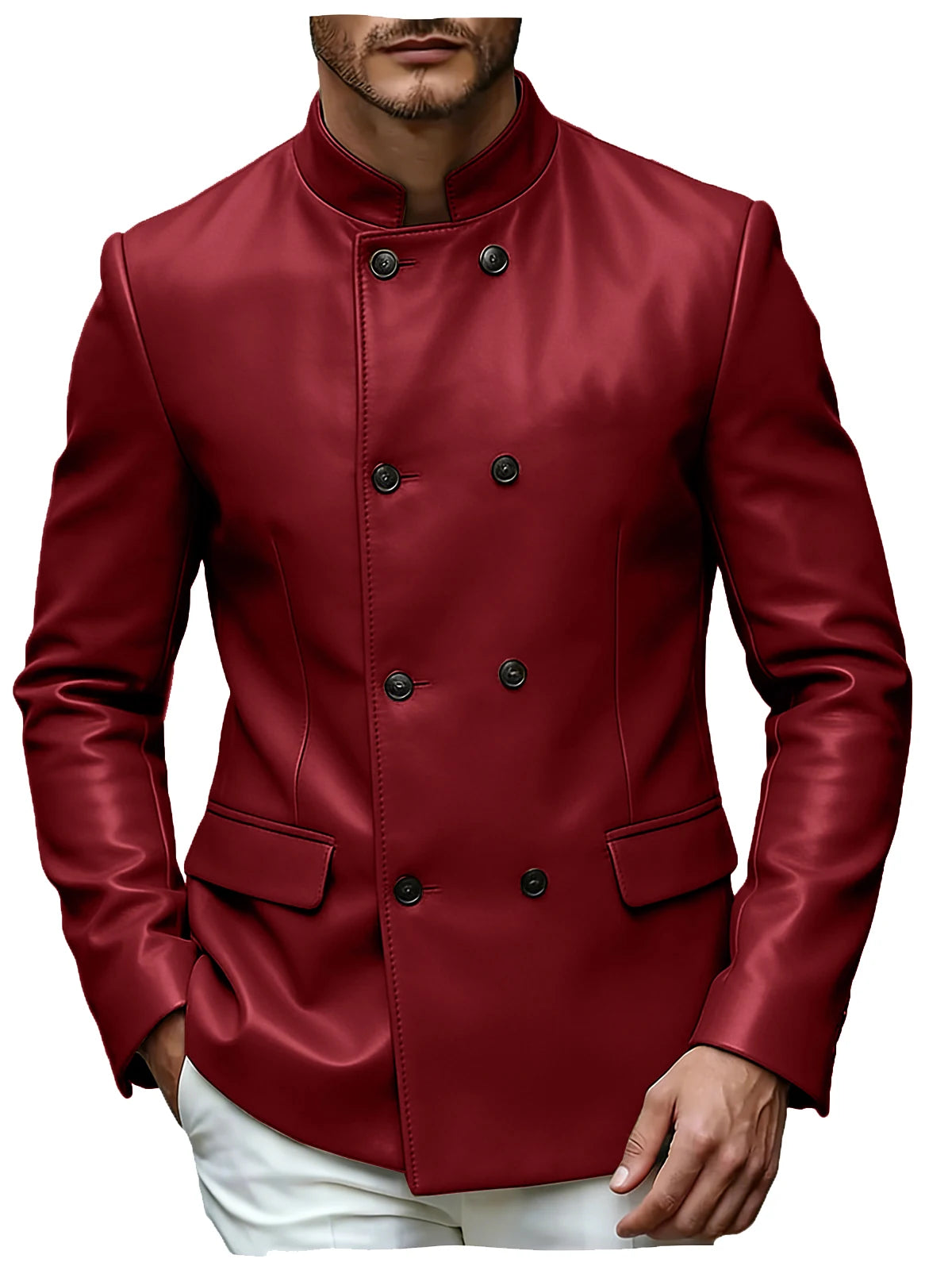 Men's Blazer Stand Collar Faux Leather Jacket High Quality Double Breasted Slim Fit Casual Coat For Business Office Outerwear