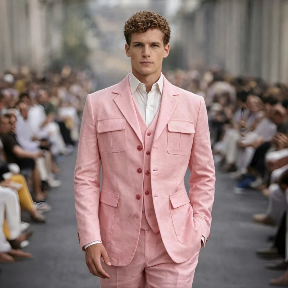 Linen Summer Three Pieces Safari Suit Separates Blazer with Vest Pants for Men Wedding Groom Tuxedo Terno Masculino Men Suit Set