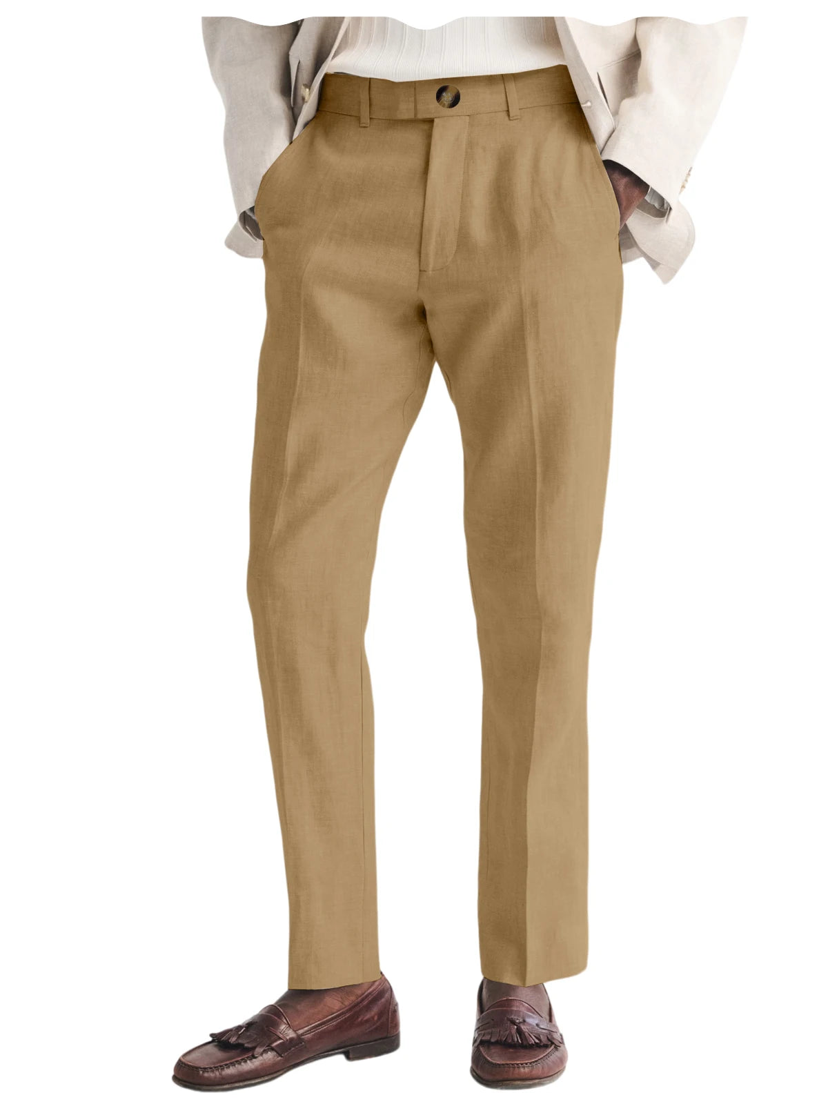 Men's Linen Straight Fit Pants Wrinkle-Resistant Lightweight Breathable Flat-Front Casual Trousers Expandable-Waist For Summer