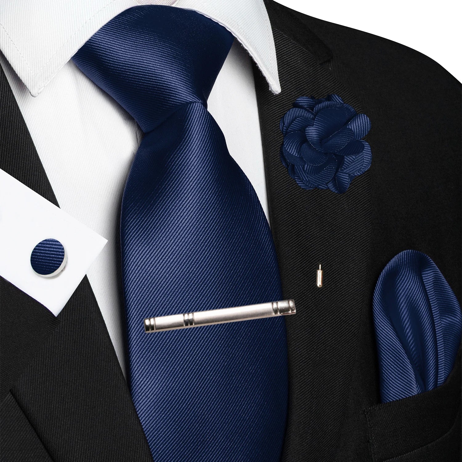 JEMYGINS Blue Solid Wedding Tie For Men Handky Cufflink Brooch Gift Mens Elegant Necktie Fashion Business Party Dropshiping