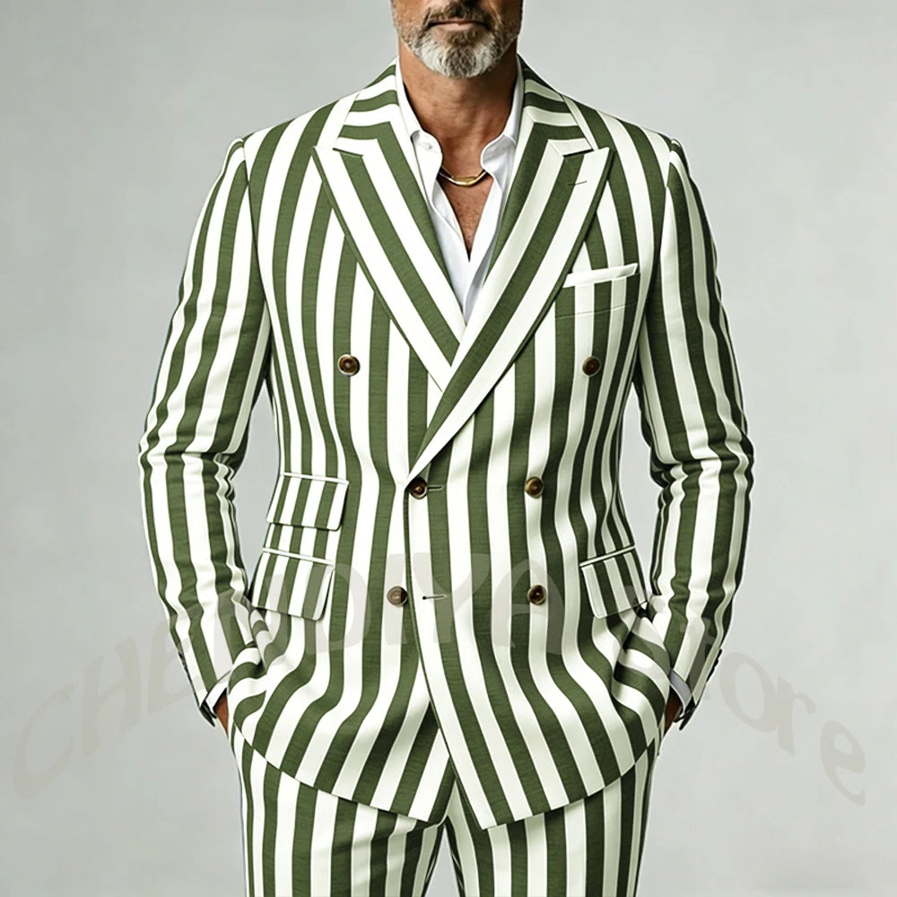 Casual Wide Striped Men's Suit Double Breasted Peaked Lapel Tailored Costume Homme Smart Business Office Daily Party Outfit
