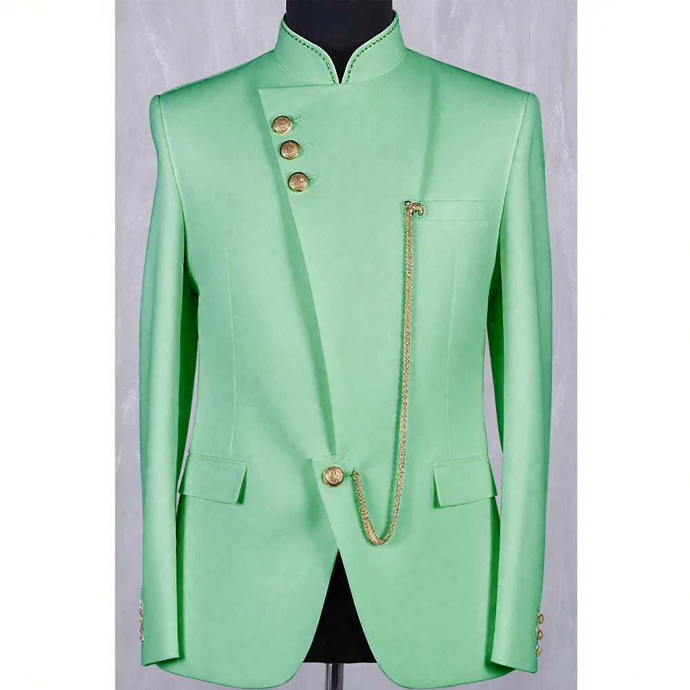 High Quality Blue Men Suit Casusl Blazer Single Breasted Stand Collar African Slim Fit Modern Style Outfits Jacket Pants