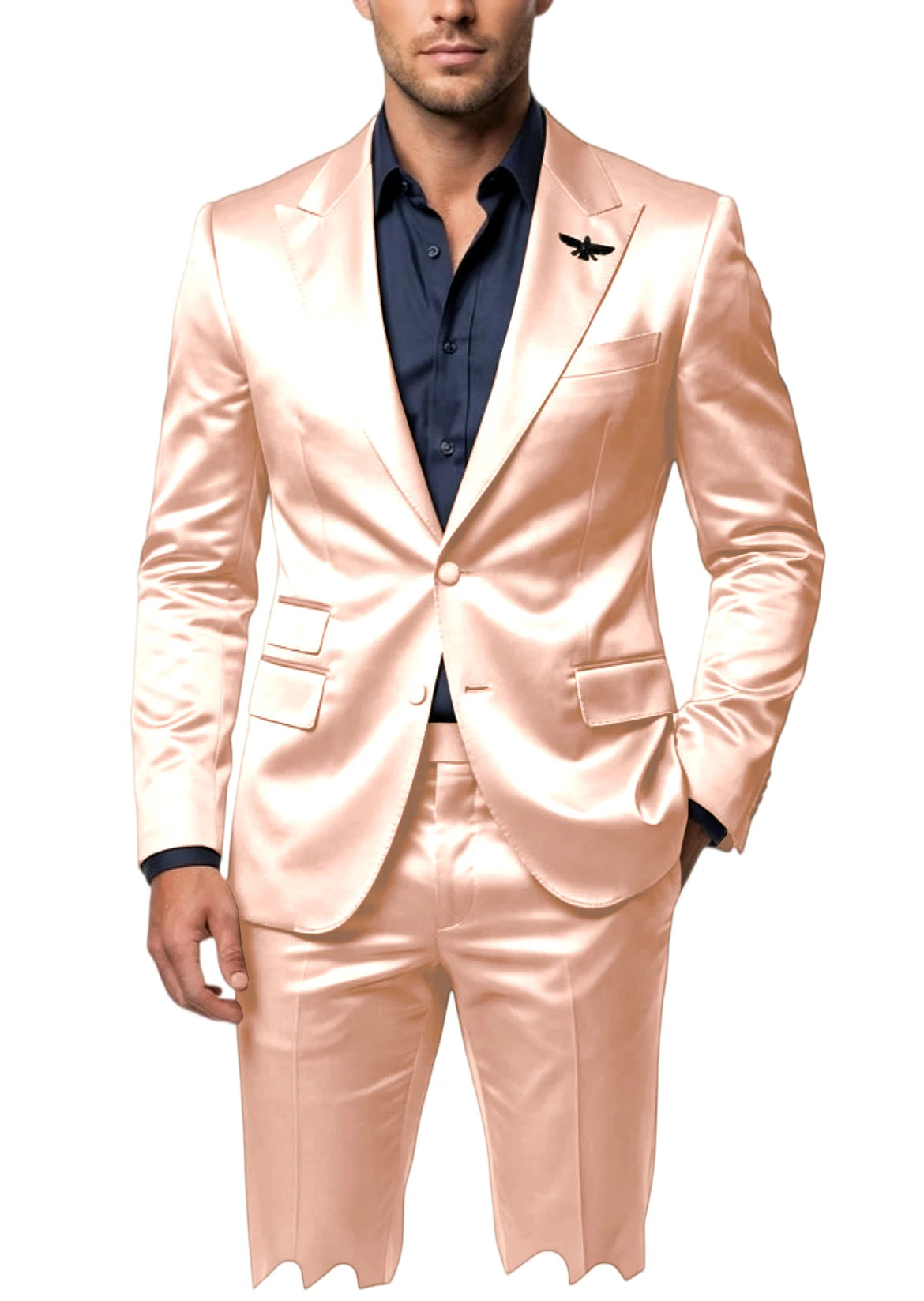 Men's Satin 2-Piece Suit Set Slim Fit Peak Lapel Tuxedo Blazer With Straight Leg Pants For Wedding Party Formal Wear
