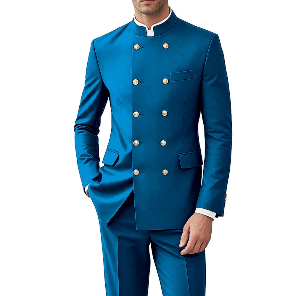 Solid Color Men Suits Formal 2 Pieces Double Breasted Stand Collar Balzer Pants Formal Party Business Wedding Set Customized