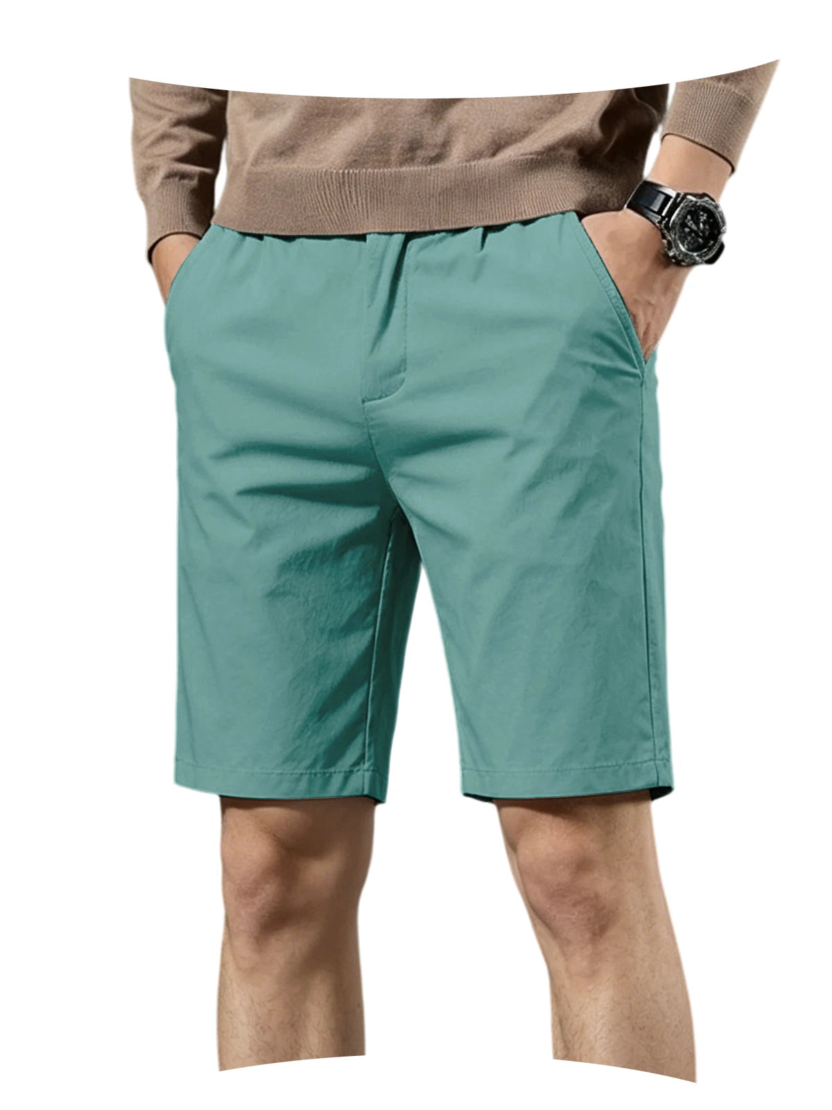 Men Cotton Solid Knee Length Bermuda Shorts Straight Chino Shorts Front Back Pockets Breathable Summer Beach Daily Casual Shorts