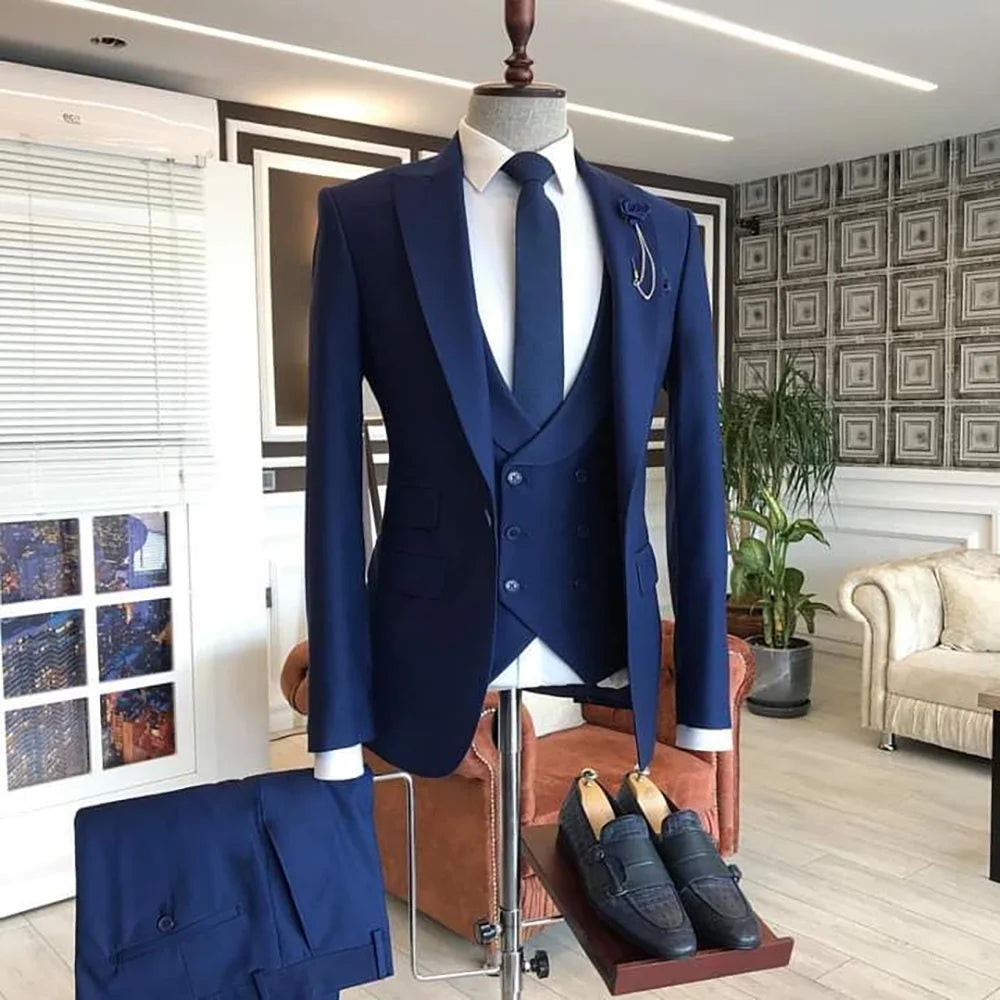 High Quality Blue Men's Suits Wedding Groom Tuxedo3 Pieces Jacket Pants Vest Formal Occasion Blazer Set