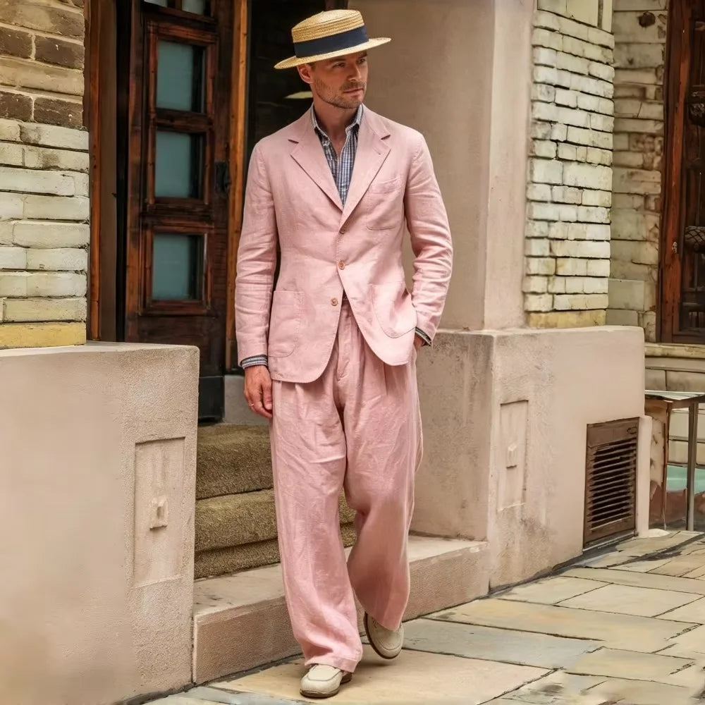 Men's Linen Suit 2 Pieces Luxury Slim Fit Casual Blazer Straight Leg Pants Breathable Wrinkle Resistant Lightweight For Wedding