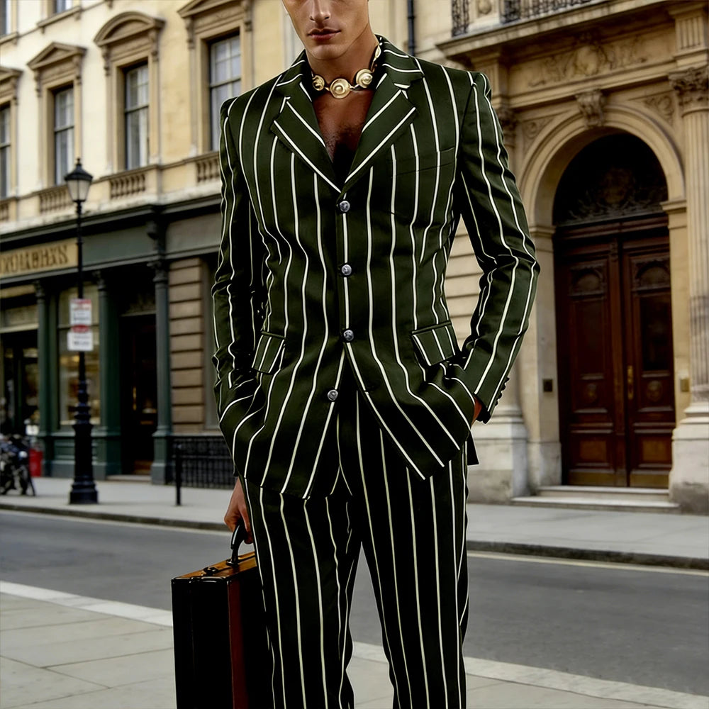 Men's Vintage Pinstripe 2 Piece Suit Set Double Breasted Peak Lapel Slim Fit Blazer Flared Pants Tuxedo For Wedding Prom
