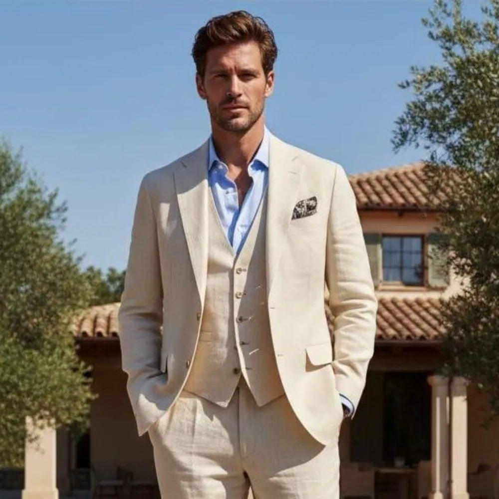 Beige Linen Wedding Tuxedo 3 Pieces Summer Suits for Men Slim Fit Groom Blazer Trousers Vest Set Beach Party Wedding Suits Men