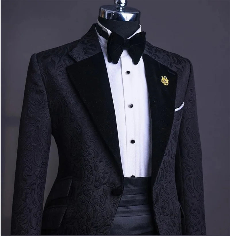 Jacquard Men Suit Set 2 Piece Blazer+Black Pants Trousers Wedding Tuxedo Groom Prom Coat Cotton Customized Formal Office Jacket