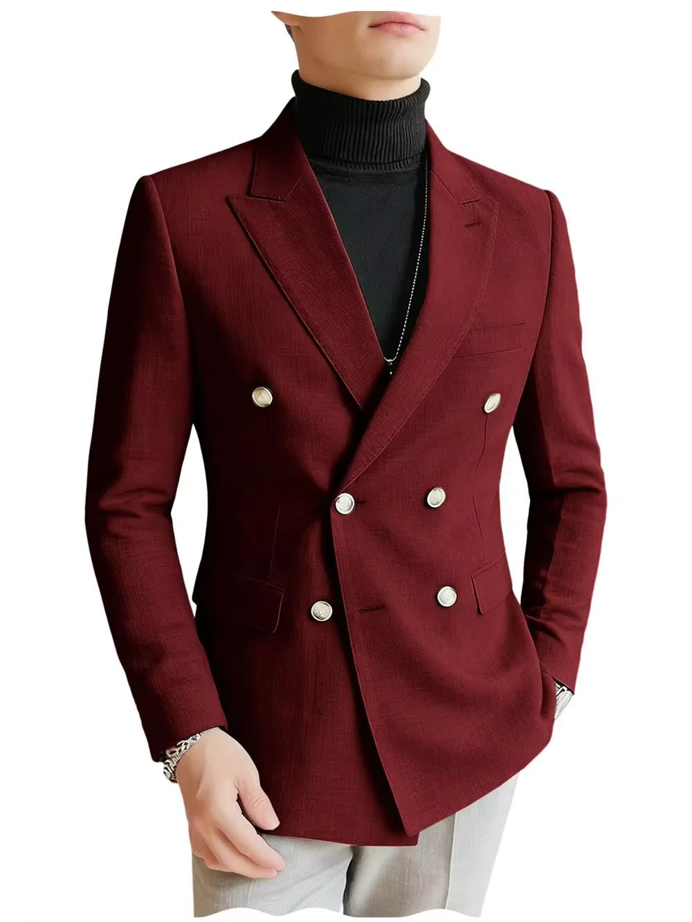 Men's Linen Blazer Double Breasted Peak Lapel Slim Fit Lightweight Breathable Cool Fashion Formal Jacket For Summer Business