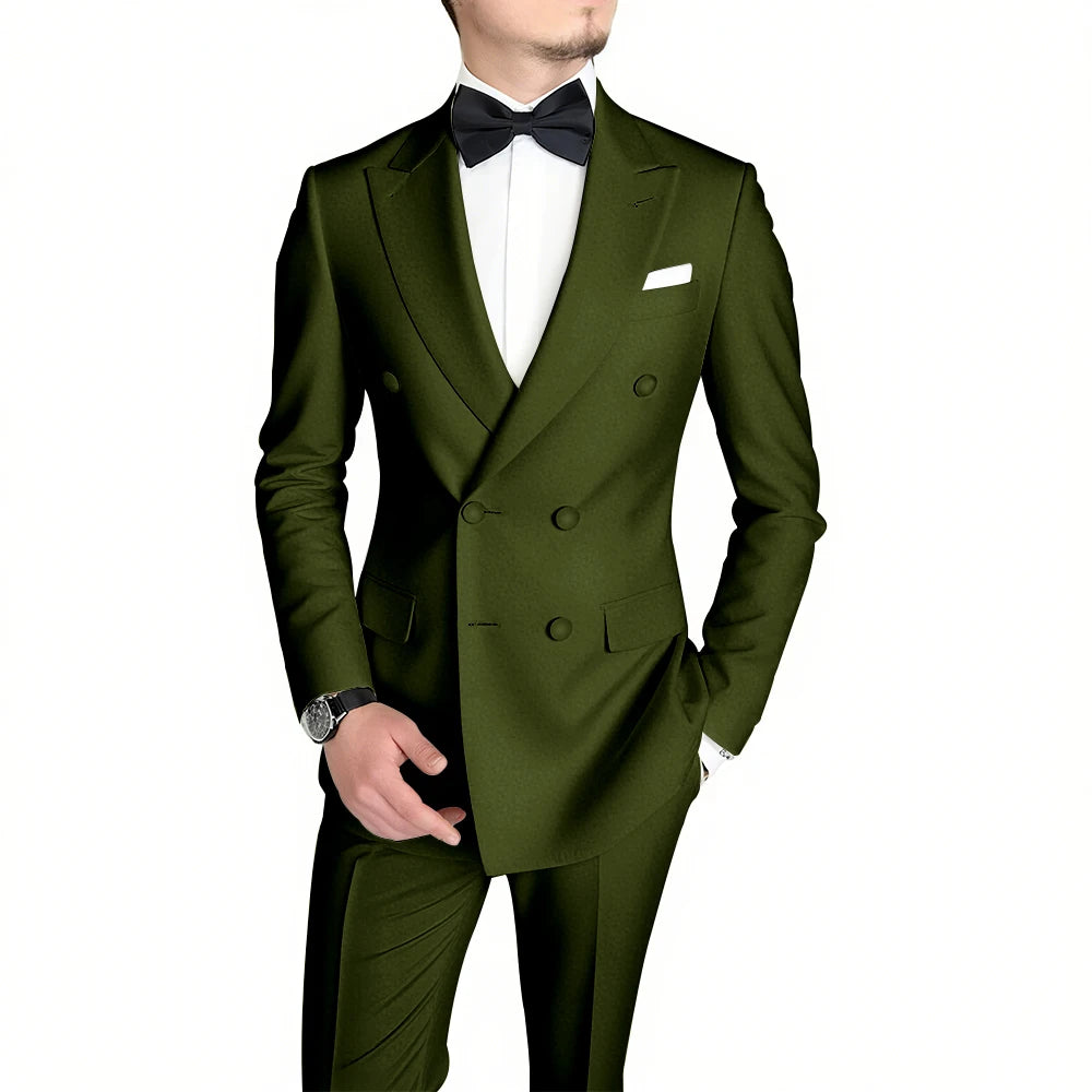 Classic Black Men's Suit Fashion Peak Lapel Double Breasted Outfits Wedding Groom Prom Business Formal Suit (Jacket+Pants)