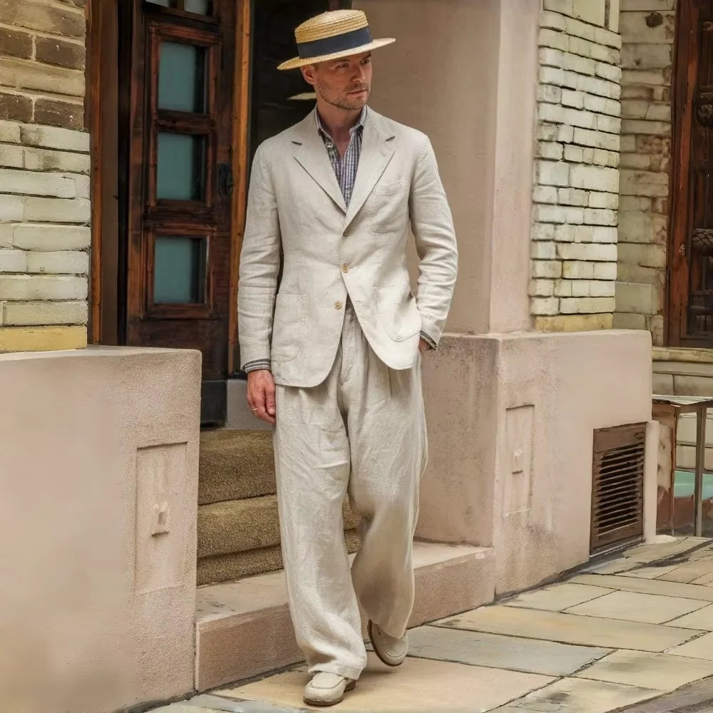 Men's Linen Suit 2 Pieces Luxury Slim Fit Casual Blazer Straight Leg Pants Breathable Wrinkle Resistant Lightweight For Wedding