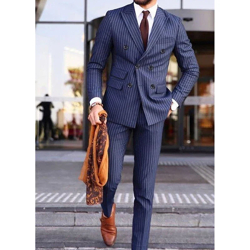 2 PieceLuxury Men Suits Blue Stripe Double Breasted Peak Lapel Regular Length Formal Office Male Clothing Slim Fit  Jacket Pants