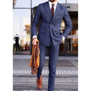 2 PieceLuxury Men Suits Blue Stripe Double Breasted Peak Lapel Regular Length Formal Office Male Clothing Slim Fit  Jacket Pants
