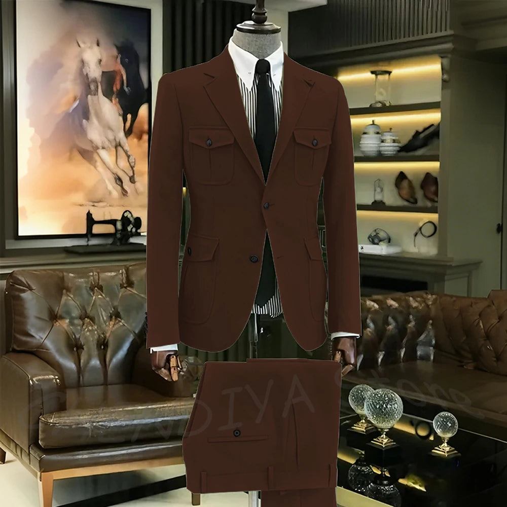 Customized Men Suits Solid Color Four Pockets Notch Lapel Outfits Formal Party Prom Daily Male Sets Two Piece(Blazer+Pants)