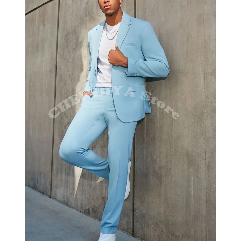 Sky Blue Men's Suits Single Breasted Notch Lapel Casual Suit Daily Office Work High Street Formal Outfits Jacket Pants Slim Fit