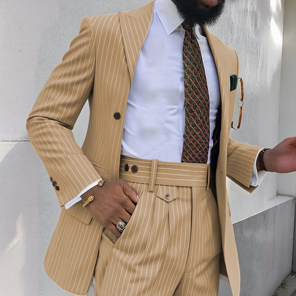 Brown Stripe Men Suits 2 Piece Chic Double Breasted Business Casual Outfits Fashion Peak Lapel Wedding Tuxedo (Jacket+Pants)