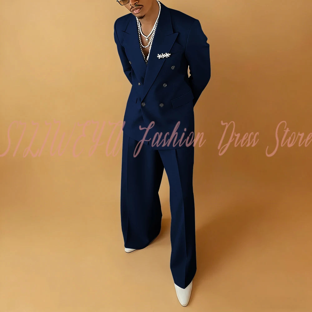 Double Breasted Men Solid Color Suit 2 Pieces Jacket Pants Business Casual Social Party Male Clothing Best Man Costumes Hommes