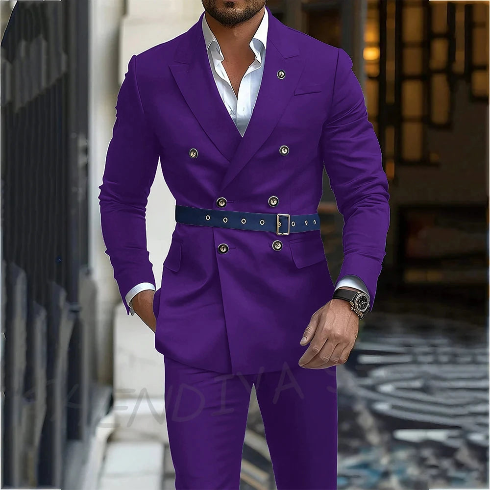 Navy Blue Men's Suit Classic Peak Lapel Blazer Double Breasted Formal Set Two Piece Business Casual Male Clothing Without Belt