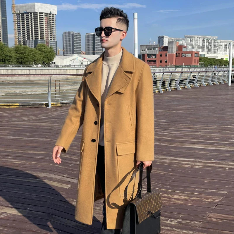 Long Wool Coat Men's Double breasted Autumn and Winter Thickened Liner Neck Protection Warm Fashion Blue Coat