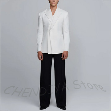 White And Black Unique Suits For Men Groom Wedding Handsome Peaked Lapel Double Button Prom Party Formal Elegant Male Set