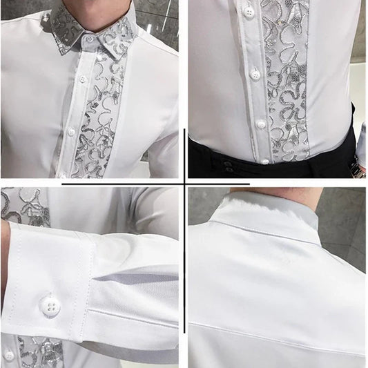 Autumn White Fleece Long Dress Shirt Men's Fashion Slim Men Shirts QJ CINGA Brand New Male Top Lace Stitching Decoration Camisa