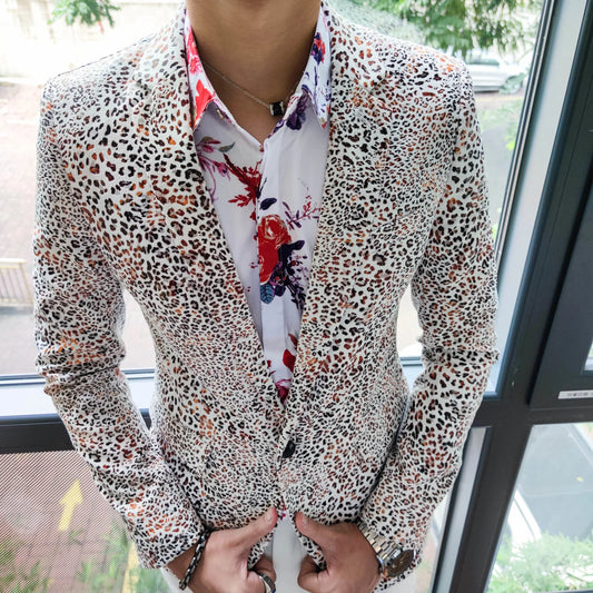 British Night Club Tenifits Blazer Hombre Casual Flower Masculino Fall Leopard Single Suit Fashion Man Slim Suit Blazer Masculino