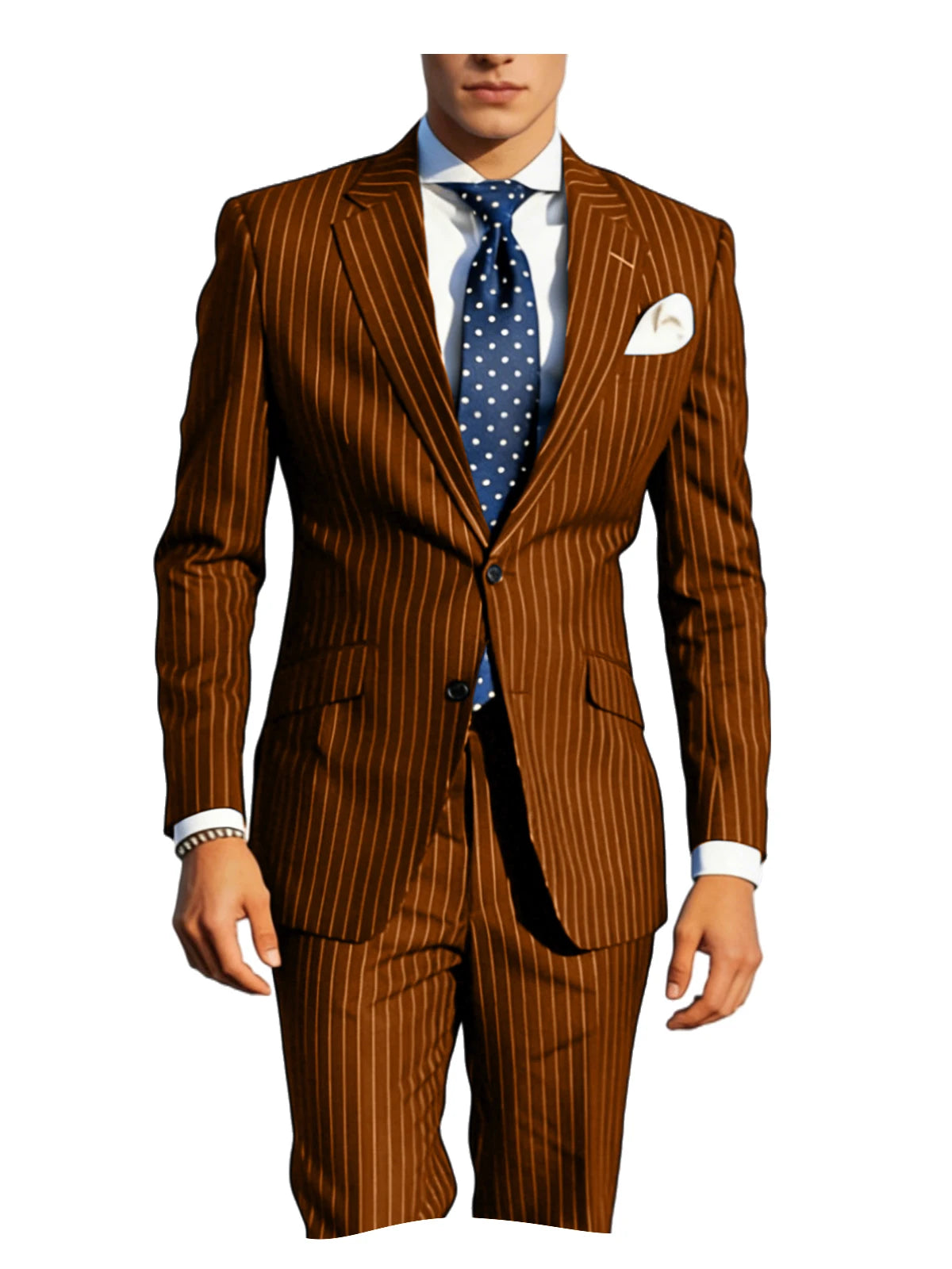 Mens Pinstripe Suit Tuxedo 2-Piece Slim Fit Blazer Pants Set Formal Business Wedding Jacket Trousers For Spring