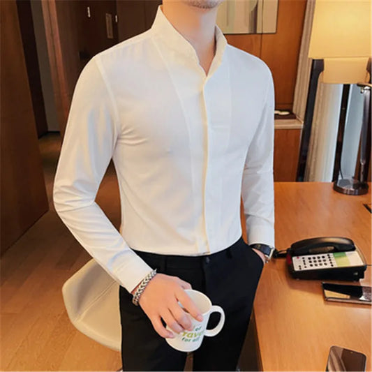 5xl smoking shirts homens para casamento elegante camisa negócios camisa branca branca macho slim fit manga longa blusas homens roupas 2024