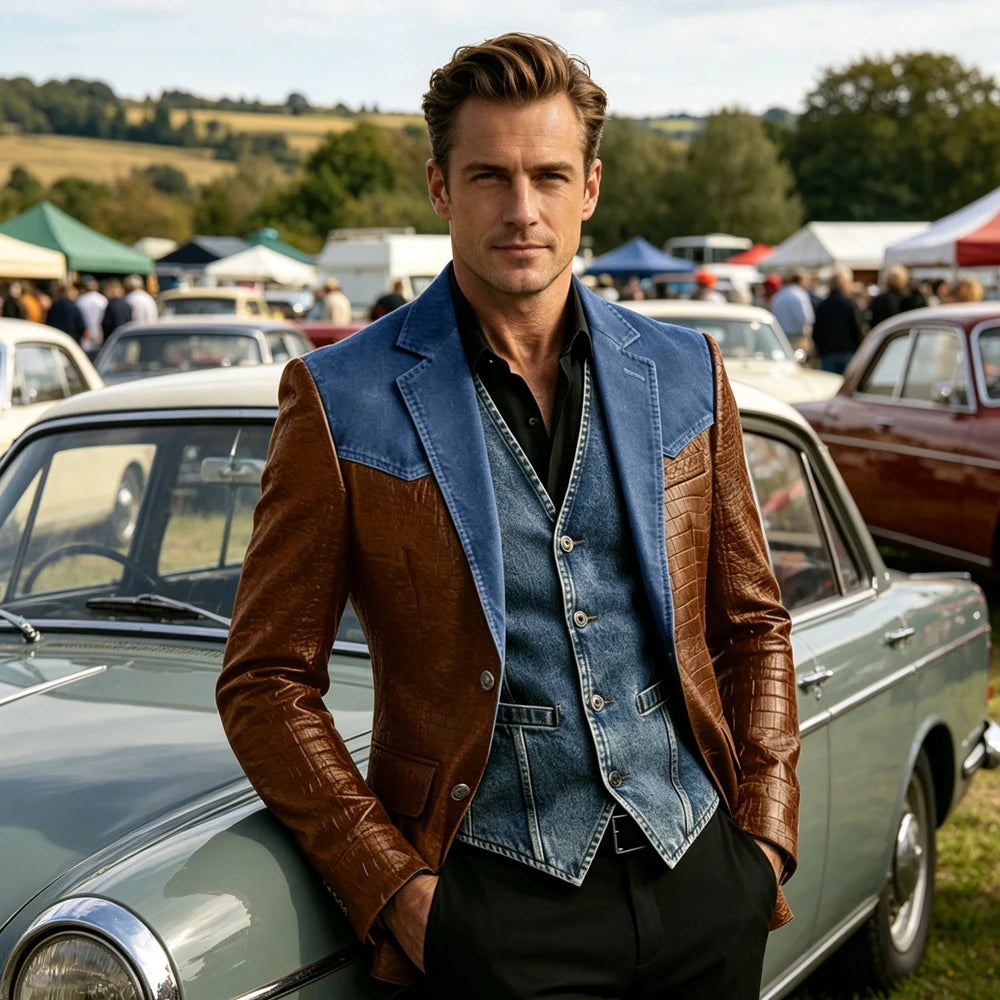 Men's Blazer Luxury Crocodile Embossed Leather Patchwork Denim Suit Jacket Notched Lapel Western Cowboy Party Casual Streetwear