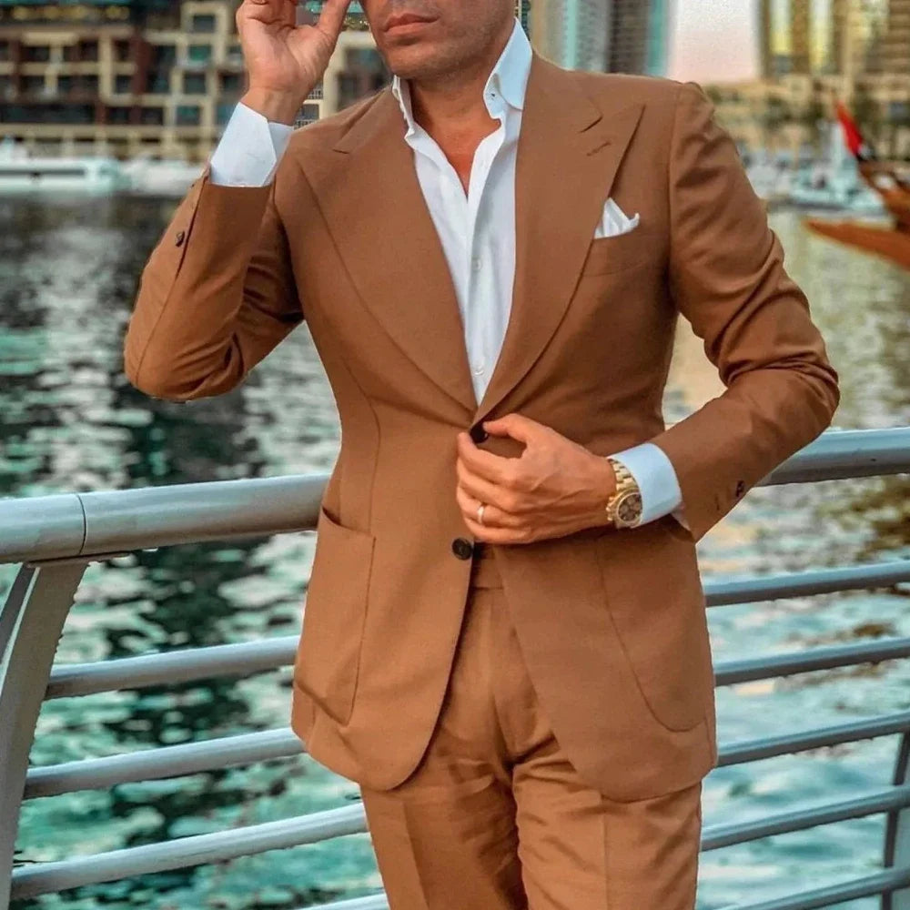 Fashion Brown Suits for Men 2 Piece Summer Peak Lapel Single Breasted Tuxedo Groom Wedding Casual Daily Suits (Jacket+Pants)