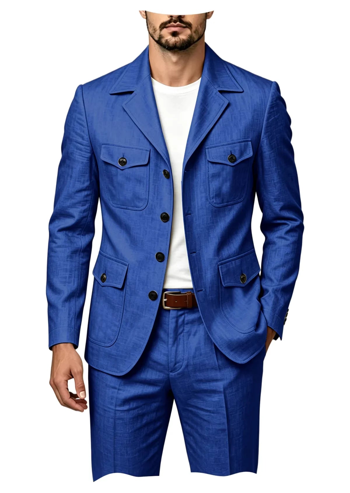 Men's Grey Linen Blend Suit 2 Piece Multi Pocket Peak Lapel Blazer pants Set Lightweight formal Suit for Summer Business Casual