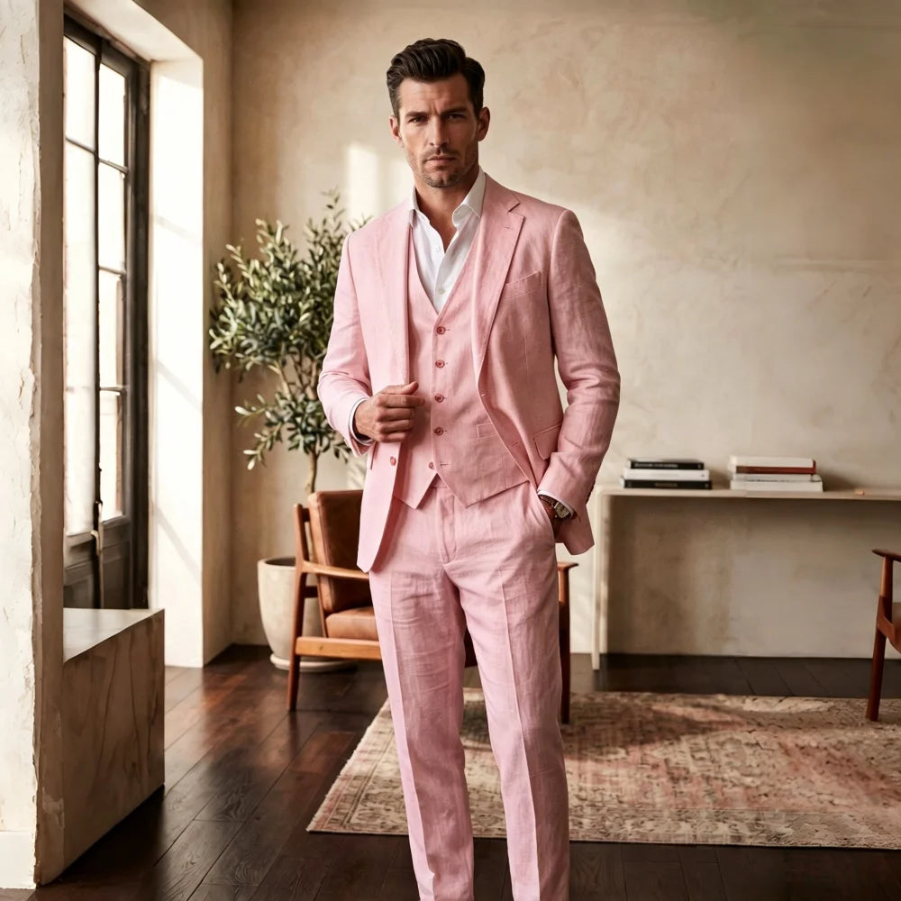 3 Pieces Linen Breathable Suit Separates Blazer with Vest Pants for Men Summer Beach Wedding Casual Party Suits for Men Suits