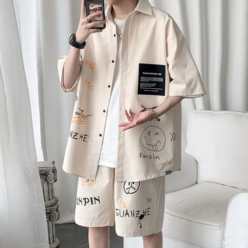 Hand-Painted Casual Loose Men's Sets Sports Polo-Neck Summer Short Sleeve Two Piece Set American Retro Chic Spliced Shorts Sets