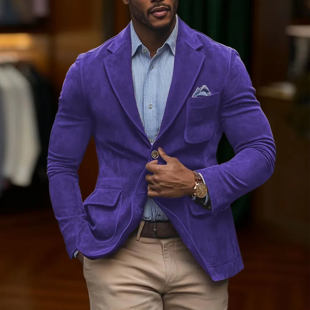 Men's Suede Brown Blazer Vintage Slim Fit Notched Lapel Formal Jacket High Quality Flap Pocket Sport Coat For Business Casual