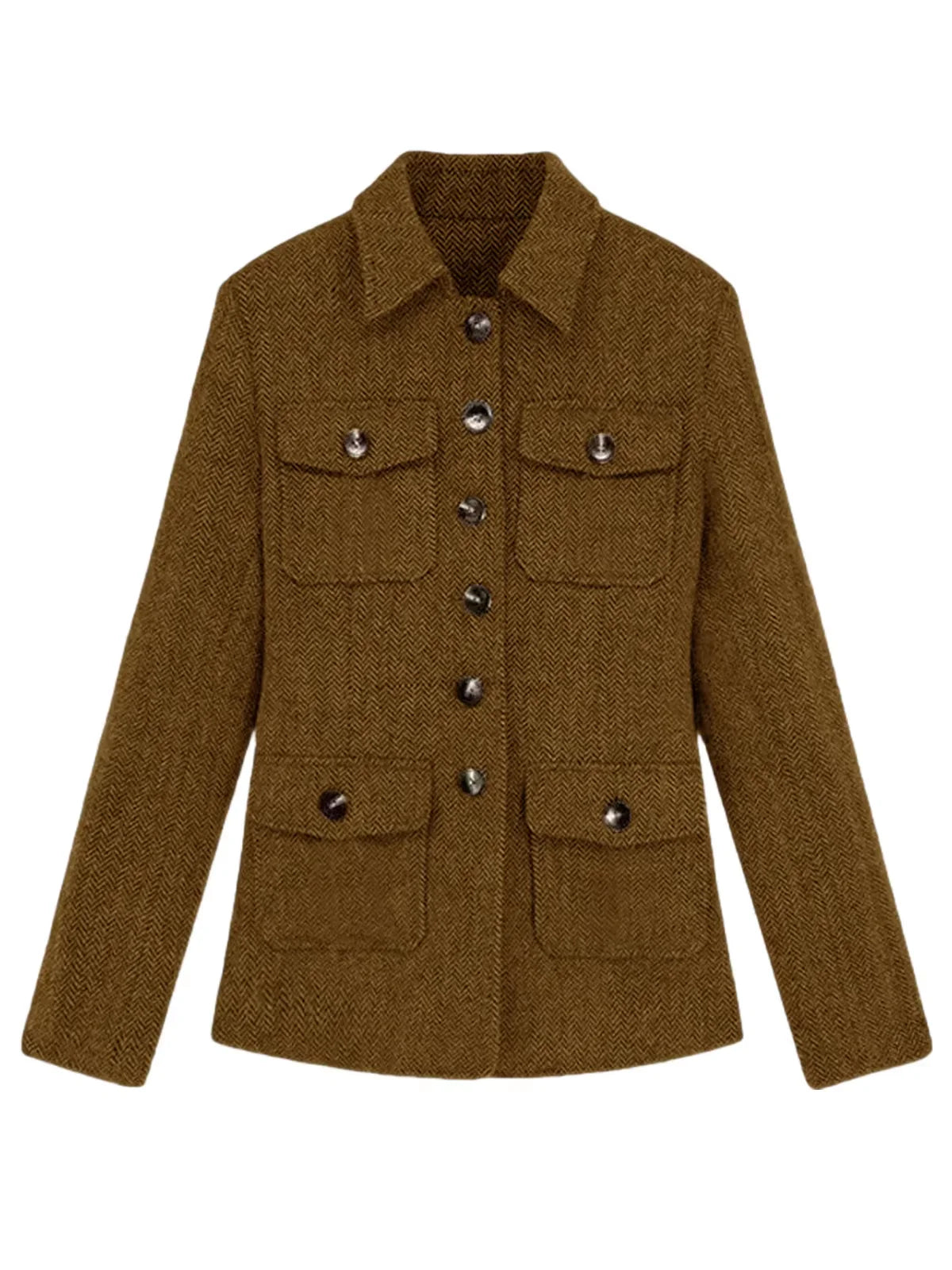 Men's Herringbone Wool Blend Blazer Jacket Notch Collar Utility Multi-Pocket Casual Overcoat For Spring Autumn