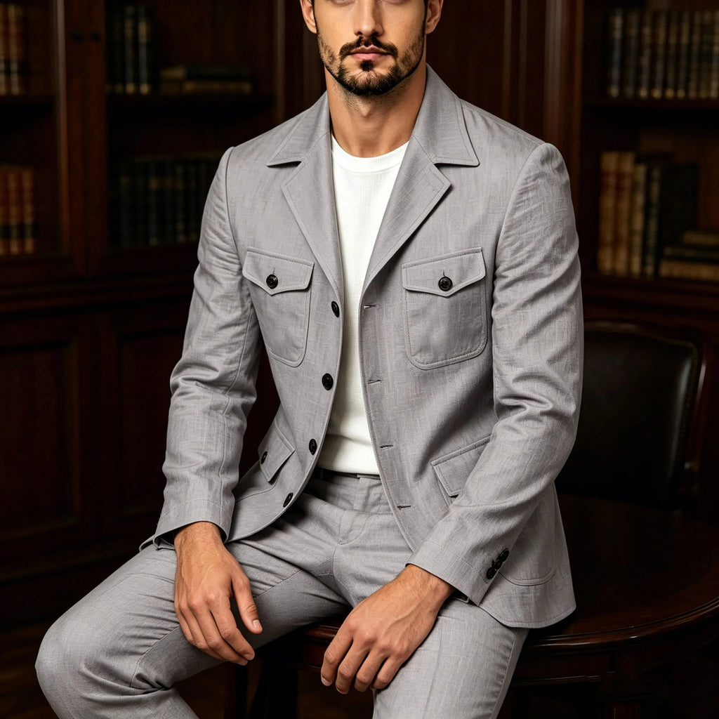 Men's Grey Linen Blend Suit 2 Piece Multi Pocket Peak Lapel Blazer pants Set Lightweight formal Suit for Summer Business Casual